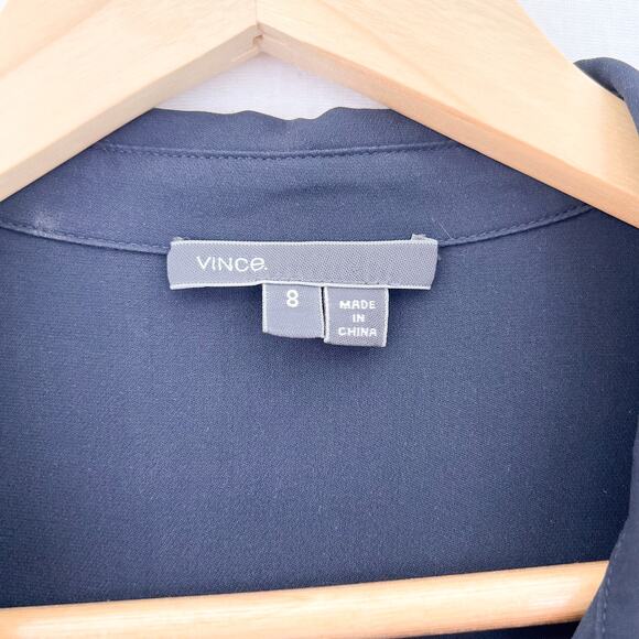 Vince Mixed Media Jumpsuit 8 Silk Long Sleeve Tapered Leg Drawstring Navy Blue - Picture 6 of 10